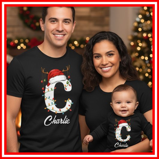 Monogrammed Family Christmas Antlers Santa Hat Tシャツ
