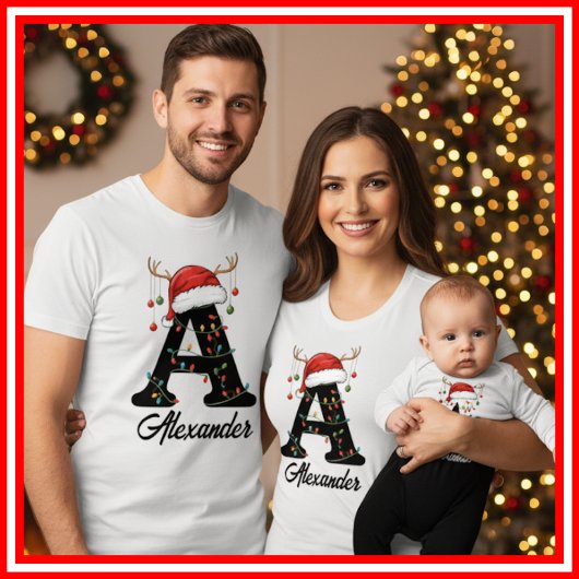 Monogrammed Family Christmas Antlers Santa Hat Tシャツ