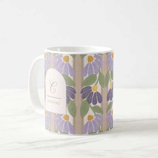 Monogrammed Floral Stripe Mug – Personalized Gift コーヒーマグカップ (正面左)