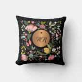 Monogrammed luxury gold floral pink black  クッション (正面)