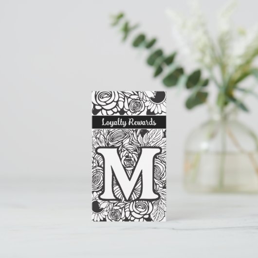 Monogrammed M Floral Black and White Company Logo 名刺 (スタンド正面)