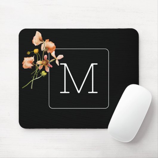 Monogrammed Minimalist Floral black マウスパッド (マウス)