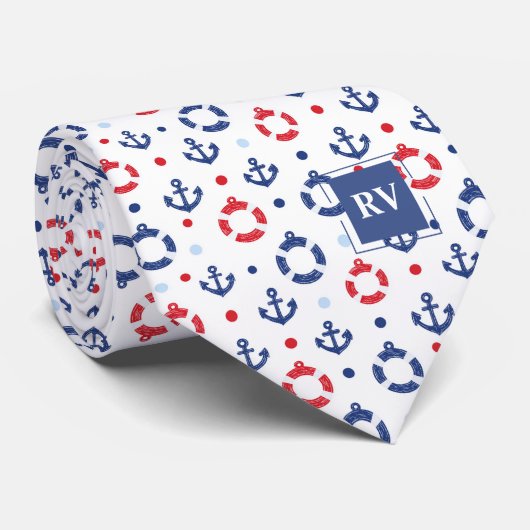 Monogrammed Nautical Anchors & Lifebuoys ネクタイ (ロール)