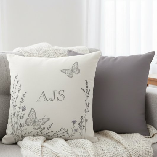 Monogrammed Pillow – Elegant Botanical Butterflies クッション