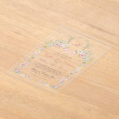 Monogrammed Pink Bows and Wildflowers Wedding アクリル招待状 (レイダウン)