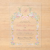 Monogrammed Pink Bows and Wildflowers Wedding アクリル招待状 (正面)
