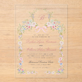 Monogrammed Pink Bows and Wildflowers Wedding アクリル招待状