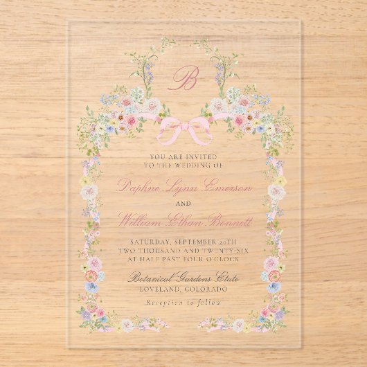 Monogrammed Pink Bows and Wildflowers Wedding アクリル招待状 (正面)