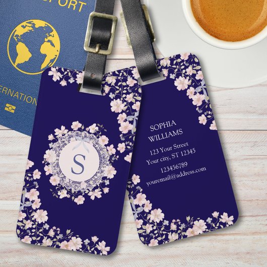 Monogrammed Pink Flowers and Lace Floral ラゲッジタグ