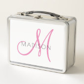 Monogrammed Pink Script Girl's メタルランチボックス (正面)