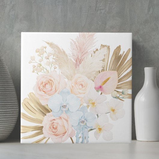 Monogrammed Pretty Tropical Flower Bouquet Floral タイル