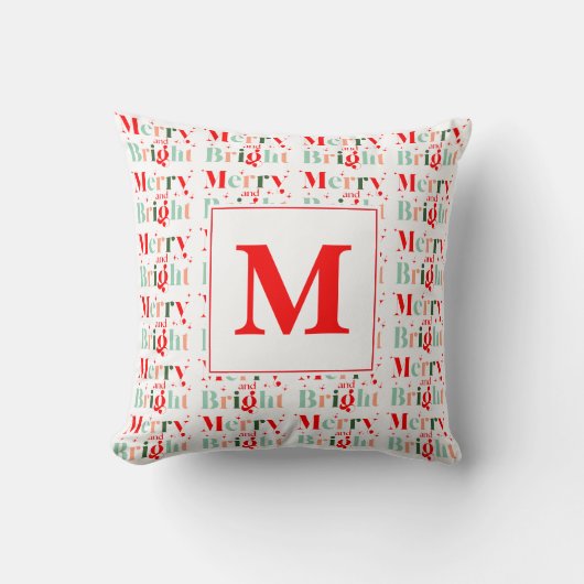 Monogrammed Retro Merry and Bright Christmas クッション (正面)