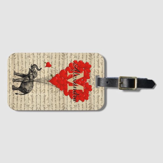 Monogrammed romantic elephant and heart ラゲッジタグ (正面横)