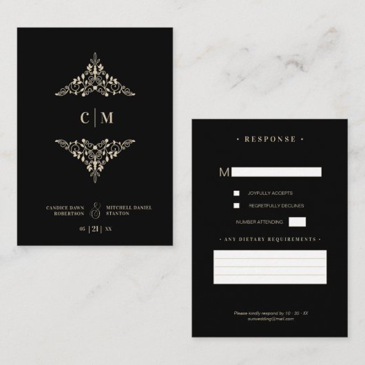 Monogrammed RSVP Gold Wedding Initials Flourish エンクロージャーカード (正面/裏面)