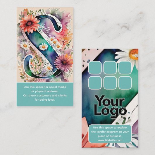 Monogrammed S Daisy Floral Watercolor Logo 名刺 (正面/裏面)