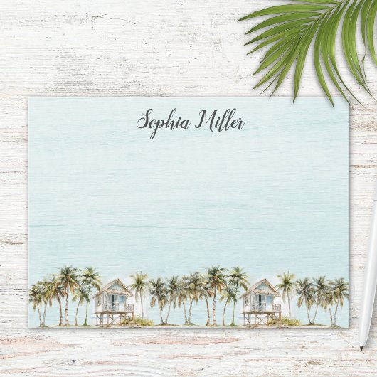 Monogrammed Watercolor Coconut Palm Trees Beach ノートカード
