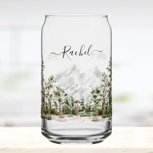 Monogrammed Watercolor Mountain and Forest ガラス缶