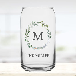 Monogrammed Watercolor Sage Green Leaves Wreath ガラス缶