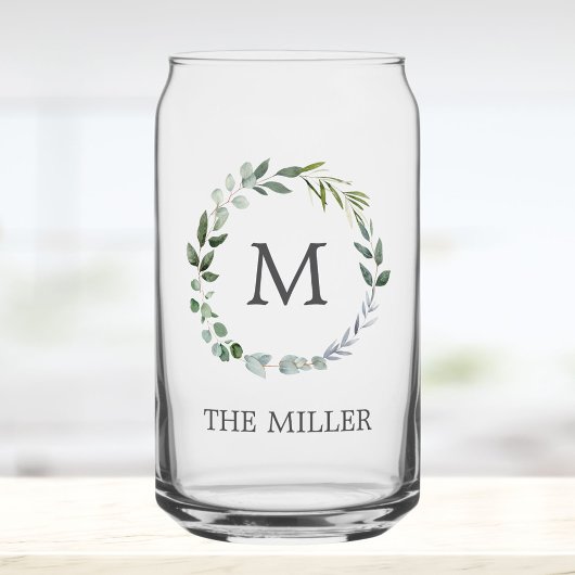 Monogrammed Watercolor Sage Green Leaves Wreath ガラス缶