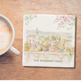 Monogrammed Watercolor Tuscany Mediterranean Italy ストーンコースター