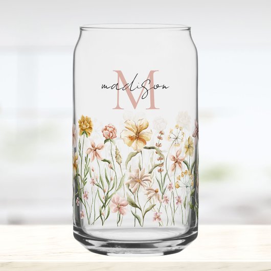 Monogrammed Watercolor Wildflower Meadow Floral ガラス缶