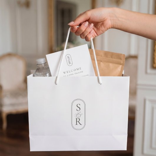 Monogrammed White Personalized Wedding Welcome Bag ラージペーパーバッグ