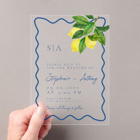 Monograms Lemon Citrus, Blue Wave Border Wedding   アクリル招待状 (インサイチュ (ポータブル))