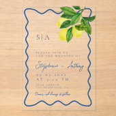 Monograms Lemon Citrus, Blue Wave Border Wedding   アクリル招待状 (正面)
