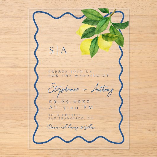 Monograms Lemon Citrus, Blue Wave Border Wedding   アクリル招待状 (正面)