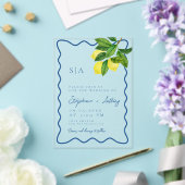 Monograms Lemon Citrus, Blue Wave Border Wedding   アクリル招待状 (インサイチュ (ウェディング))