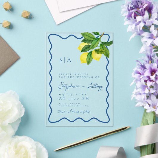 Monograms Lemon Citrus, Blue Wave Border Wedding   アクリル招待状 (インサイチュ (ウェディング))
