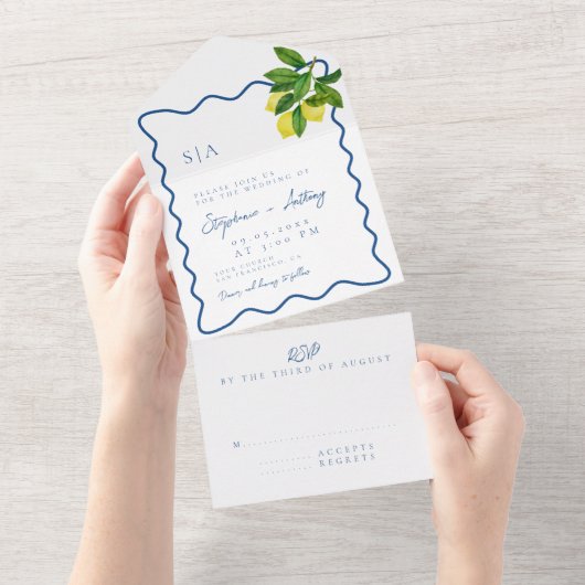 Monograms Lemon Citrus, Blue Wave Border Wedding   オールインワン招待状 (貼ってはがせる)