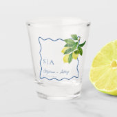 Monograms Lemon Citrus, Blue Wave Border Wedding ショットグラス (正面)