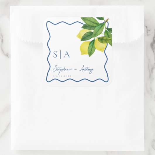 Monograms Lemon Citrus, Blue Wave Border Wedding   スクエアシール (バッグ)