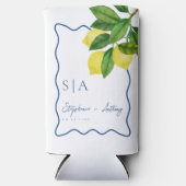 Monograms Lemon Citrus, Blue Wave Border Wedding   スリム缶クーラー (正面)