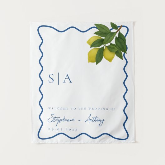 Monograms Lemon Citrus, Blue Wave Border Wedding   タペストリー (正面)