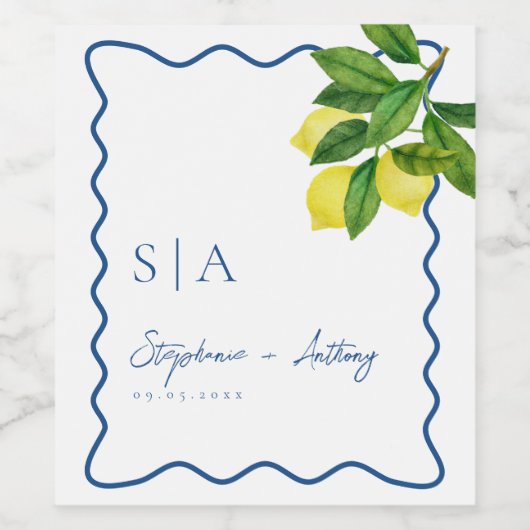 Monograms Lemon Citrus, Blue Wave Border Wedding   ワインラベル (シングルラベル)
