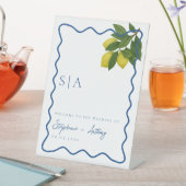 Monograms Lemon Citrus, Blue Wave Border Wedding   台座サイン (インサイチュ)