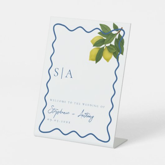 Monograms Lemon Citrus, Blue Wave Border Wedding   台座サイン (正面)
