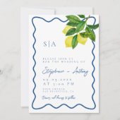 Monograms Lemon Citrus, Blue Wave Border Wedding   招待状 (正面)