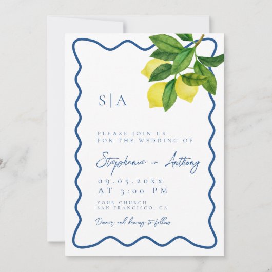 Monograms Lemon Citrus, Blue Wave Border Wedding 招待状 (正面)