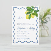 Monograms Lemon Citrus, Blue Wave Border Wedding 招待状 (スタンド正面)