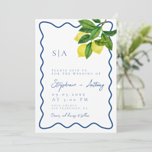 Monograms Lemon Citrus, Blue Wave Border Wedding   招待状 (スタンド正面)