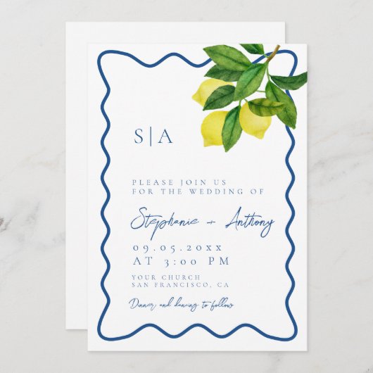 Monograms Lemon Citrus, Blue Wave Border Wedding   招待状 (正面/裏面)