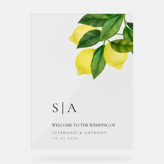Monograms Lemon Citrus Branch Greenery Wedding  アクリルサイン (正面)