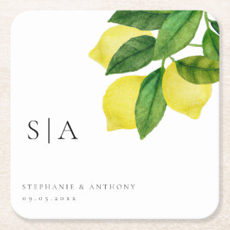 Monograms Lemon Citrus Branch Greenery Wedding  スクエアペーパーコースター