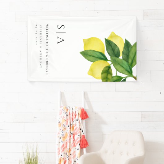 Monograms Lemon Citrus Branch Greenery Wedding  横断幕 (インサイチュ)