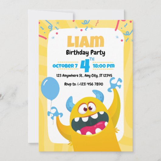 Monster Birthday Party Invitation for kids 招待状 (正面)