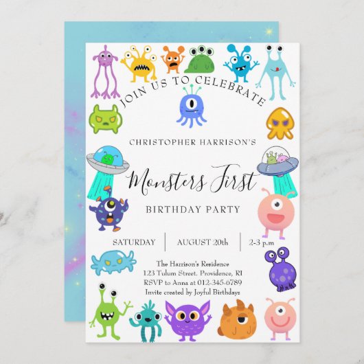 Monster First Birthday Party 招待状 (正面/裏面)