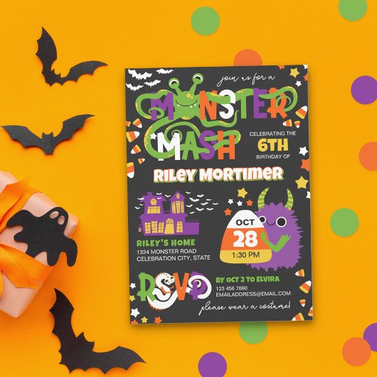 Monster Mash Typography Kids Halloween Birthday 招待状